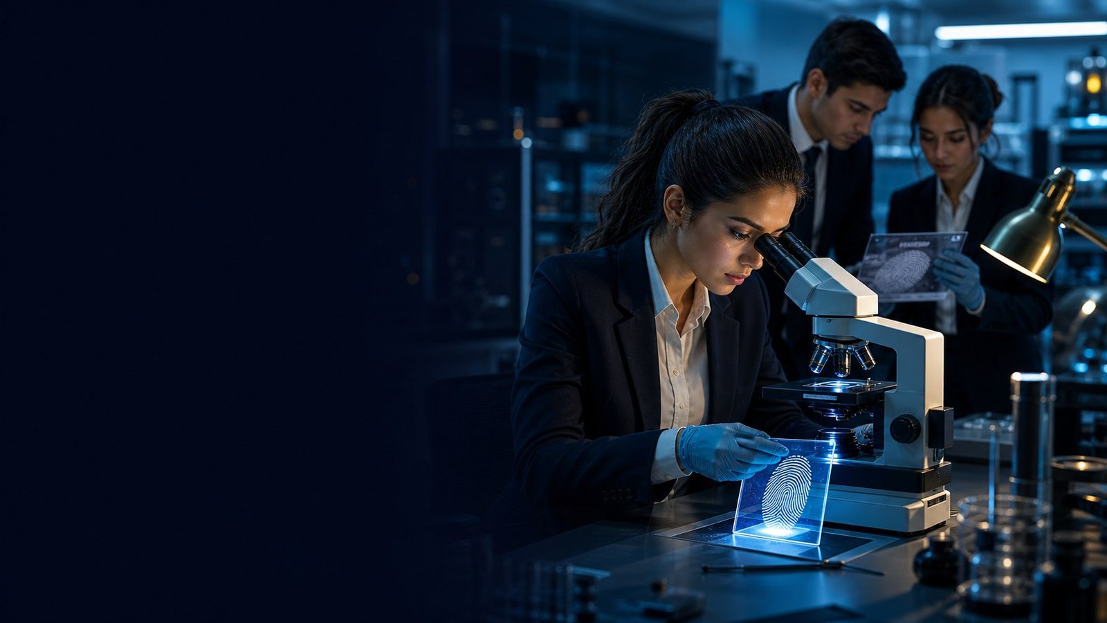 Estudiantes analizando evidencia en un laboratorio forense