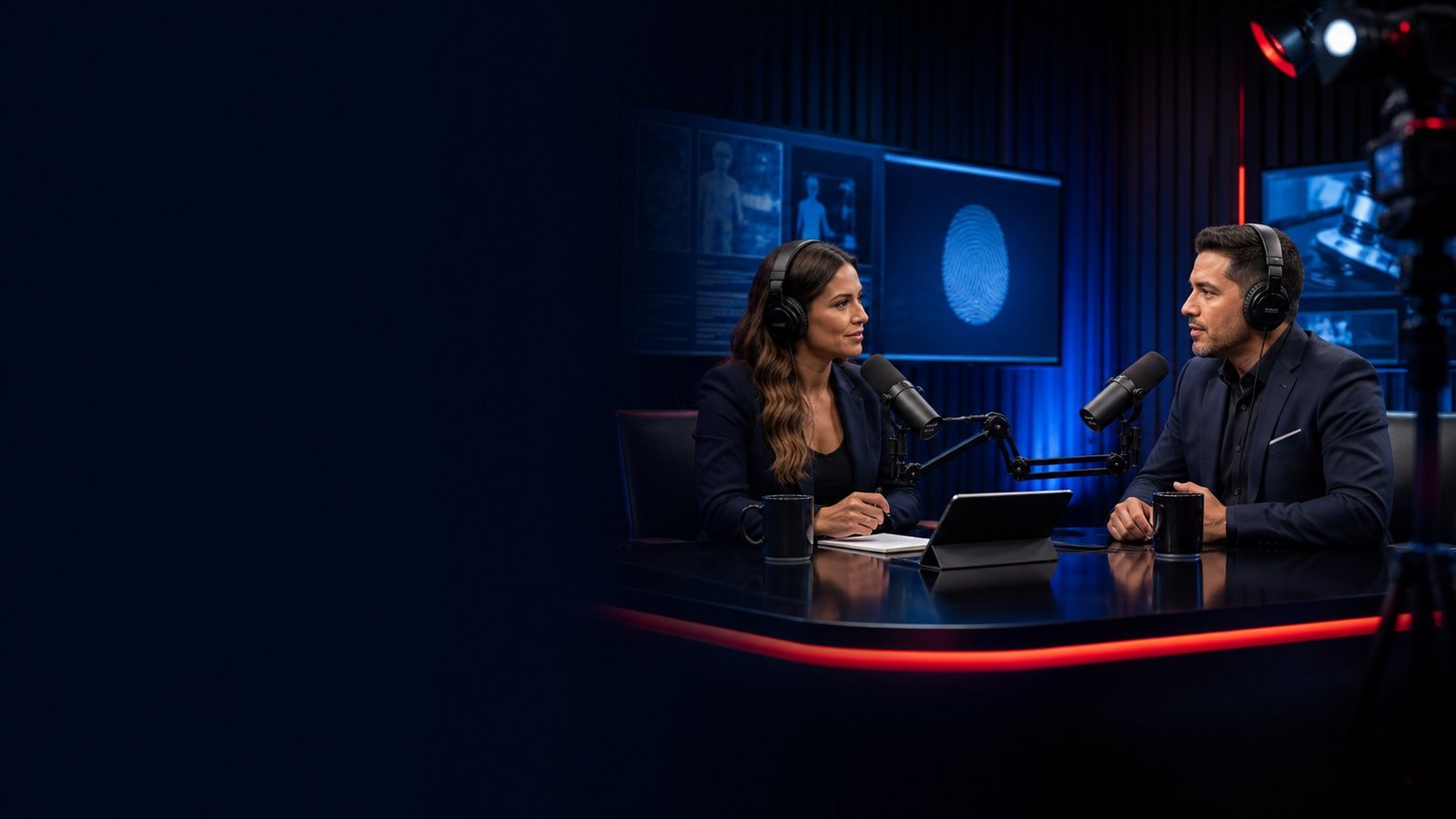 Dos conductores conversando en un estudio de streaming forense