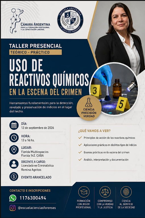 Flyer del taller presencial Uso de reactivos químicos en la escena del crimen